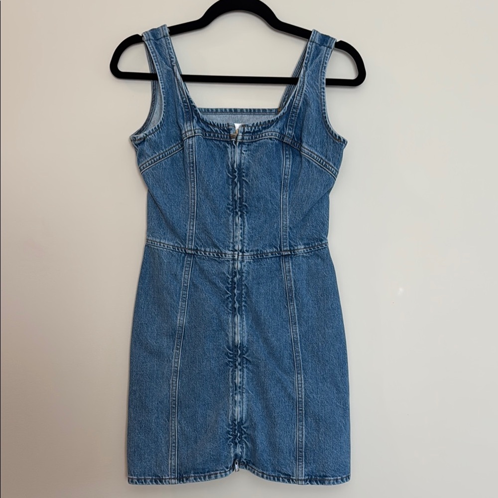 Frame Blue Denim Zip-Up Sleeveless Mini Dress, Size Small